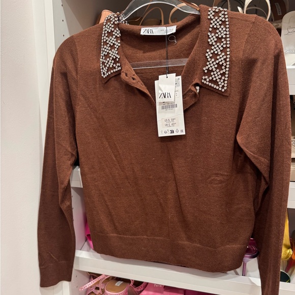 NWT Zara Brown Sweater with Embellished Collar - Picture 4 of 7